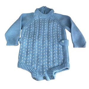 Vintage 60's Handmade Cable Knit Romper Boys 12 M Blue & White One Piece NEW